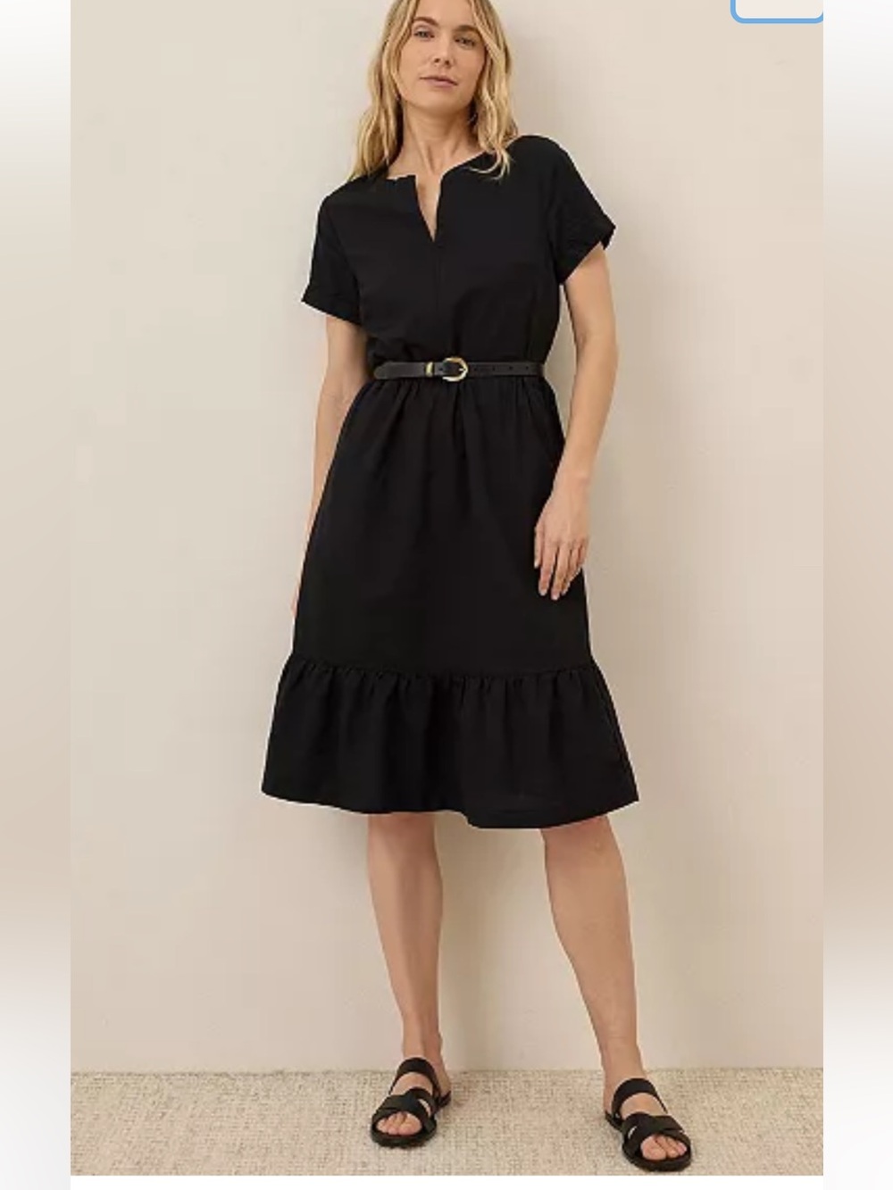 PACT Organic Cotton and Linen Black Notch-Neck Ruffle-Hem Midi Dress no bell